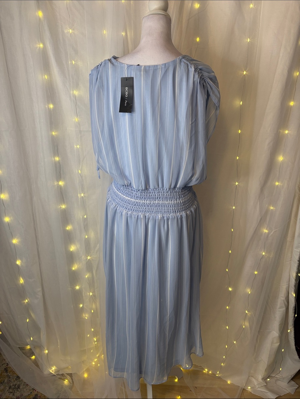 BCBG Pale Blue Striped V-Neck Midi Dress - Picture 3 of 3